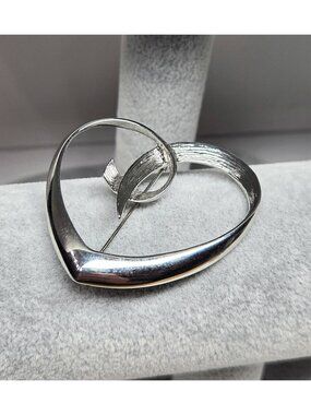 Large Heart Shaped Vintage Brooch Silver Metal